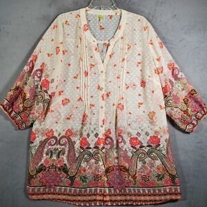 Fig & Flower Top Womens 3X Paisely Floral Polka Dot Sheer Button 3/4 Sleeve Boho